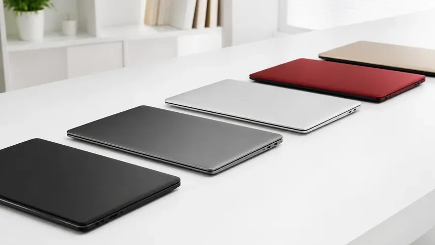 Several distinct closed laptops arranged in a row on a table, each a different colour