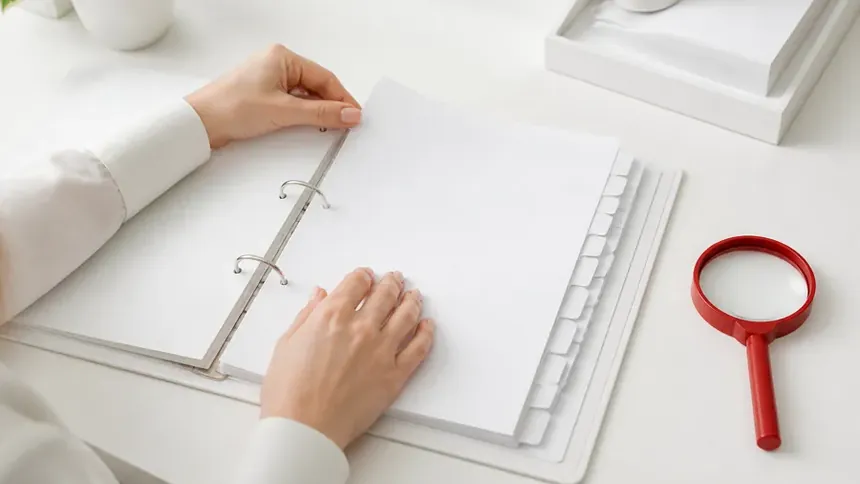 An organised overview of printed documents fanned out on a desk