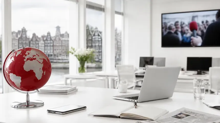 A bright newsroom workspace with a laptop, an open notebook and a red globe